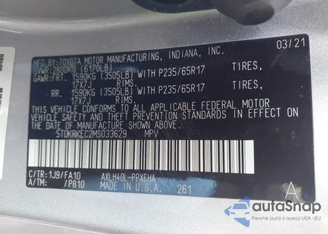 2021 Toyota Sienna Le z USA, uszkodzony, nr VIN 5TDKRKEC2MS033629